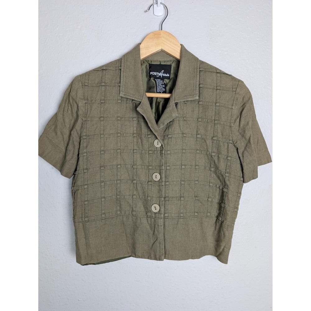 Positive Attitude Button-Up Womens 6 Green Check Lined Short Sleeve Linen Rayon